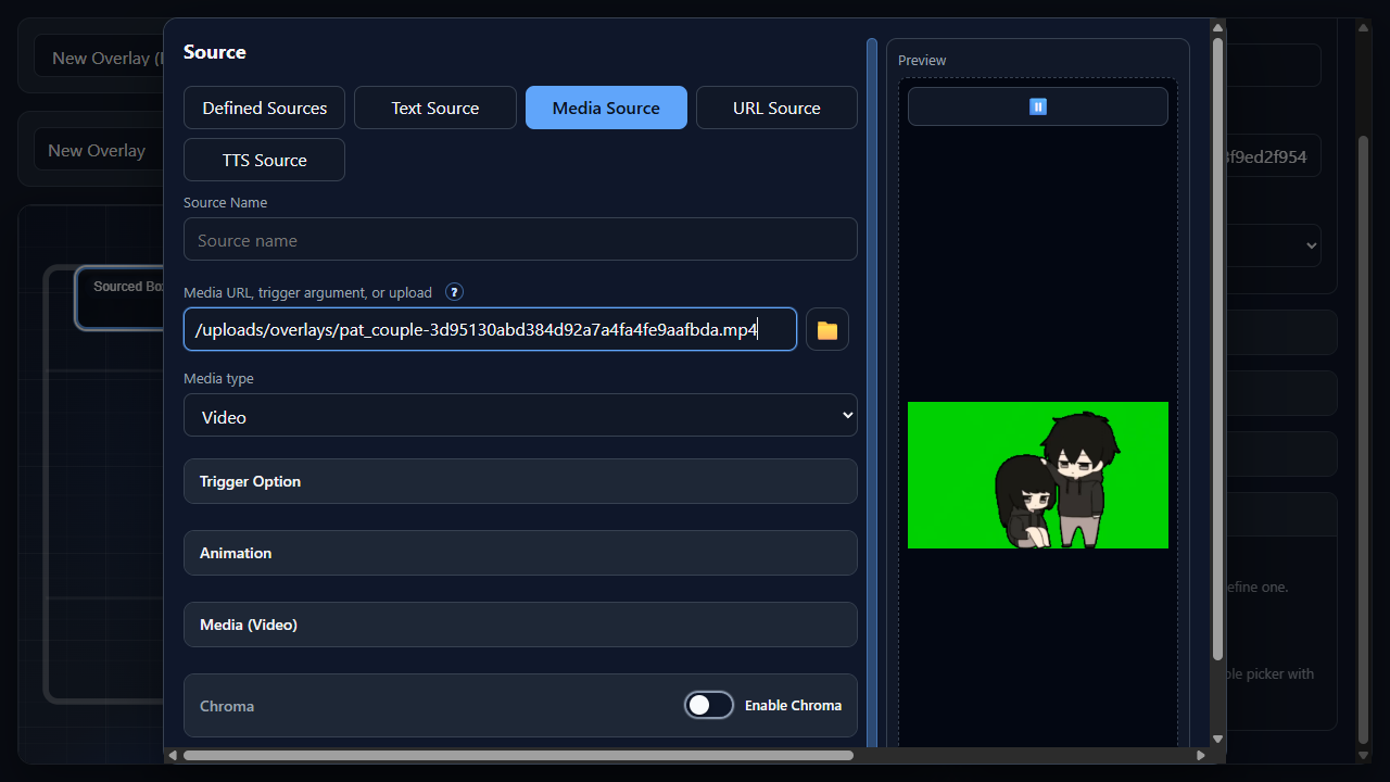 Add Source dialog showing a media URL with preview and media options