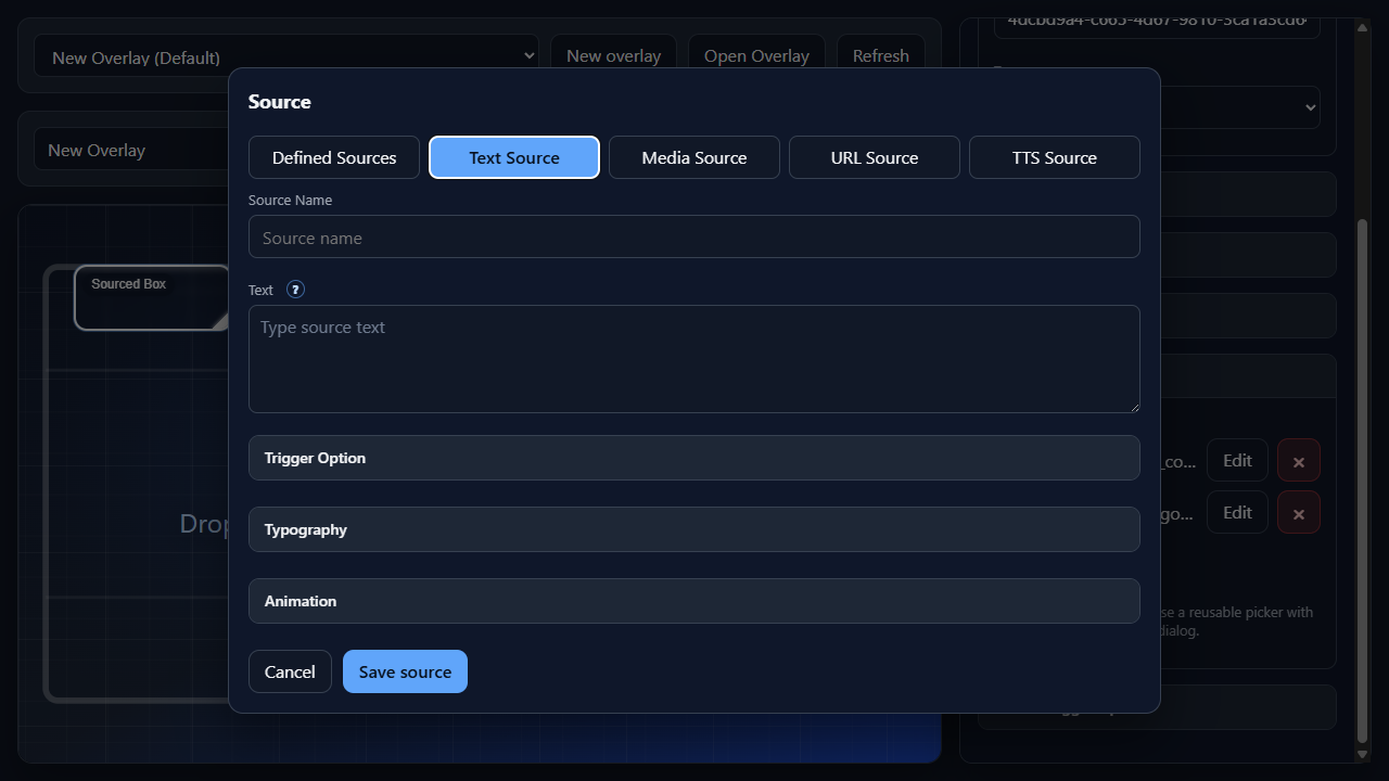 Add Source dialog showing the Text Source tab