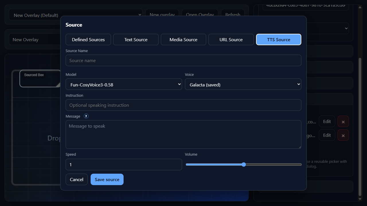 Add Source dialog showing the TTS Source tab