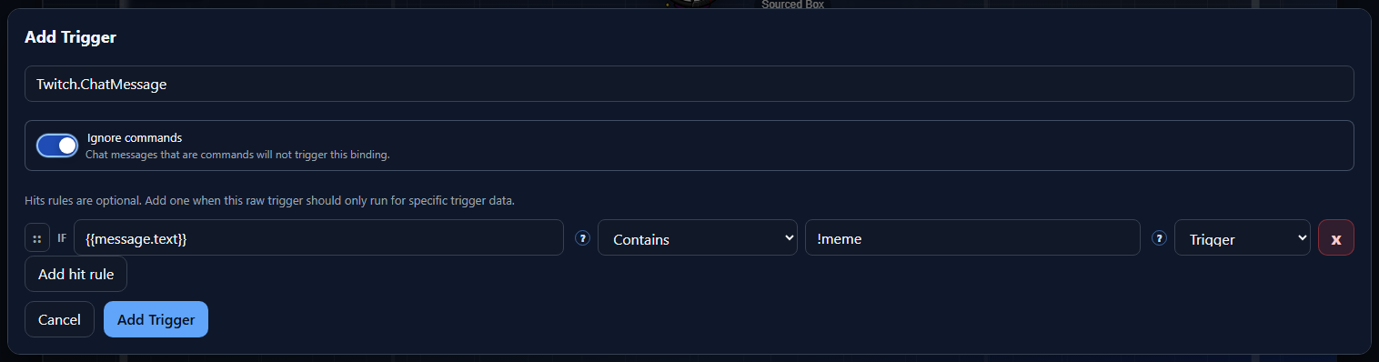 Add Trigger dialog showing Ignore commands and raw hit rules