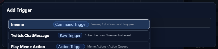 Add Trigger dialog with the trigger search results open