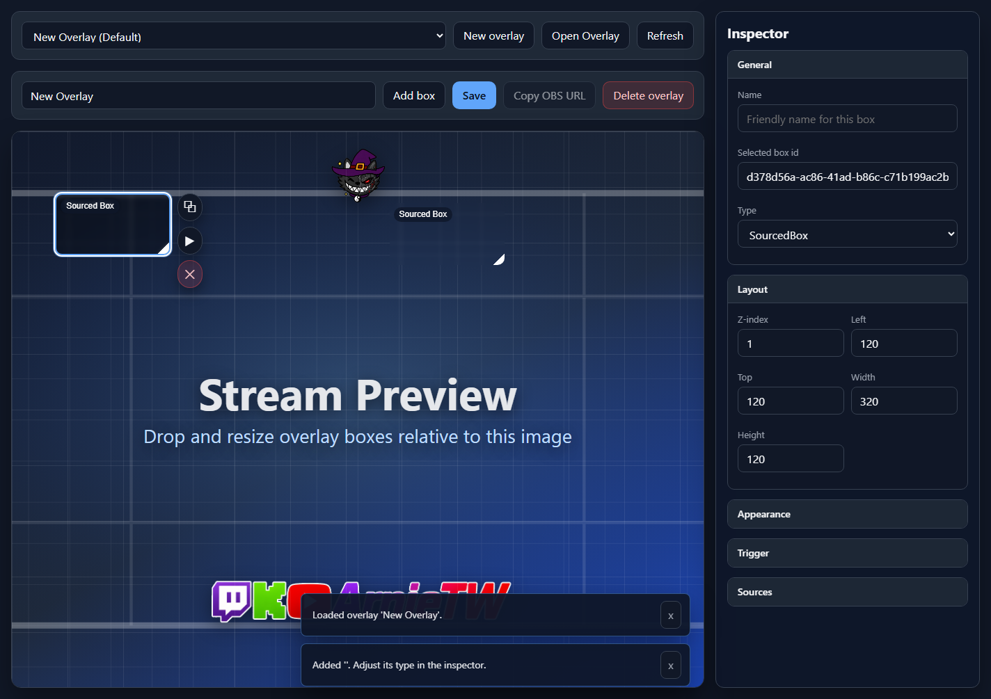 Overlay setup with a selected box and the Box inspector open