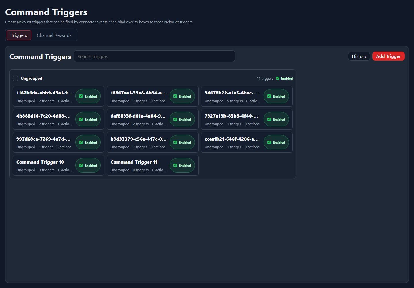 NekoBot Command Triggers setup page