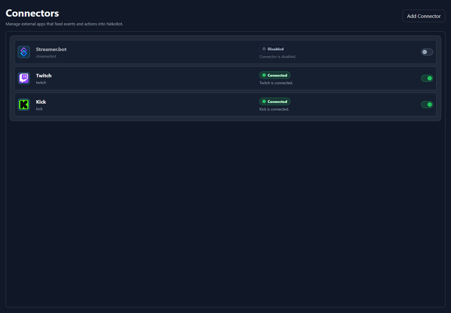 NekoBot Connectors setup page