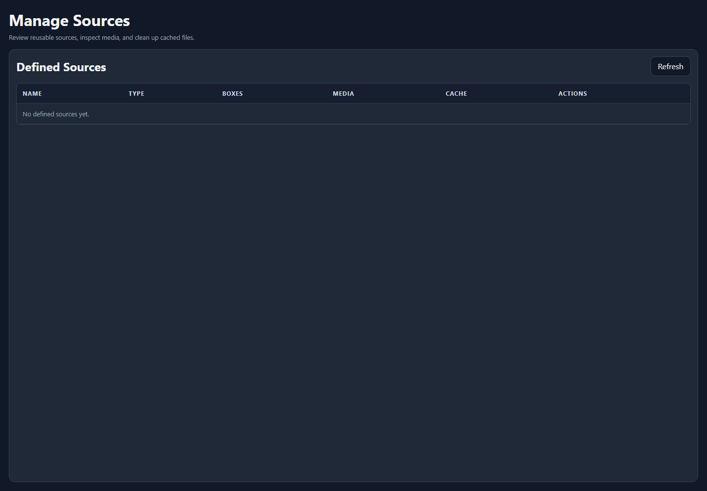 Manage Sources page