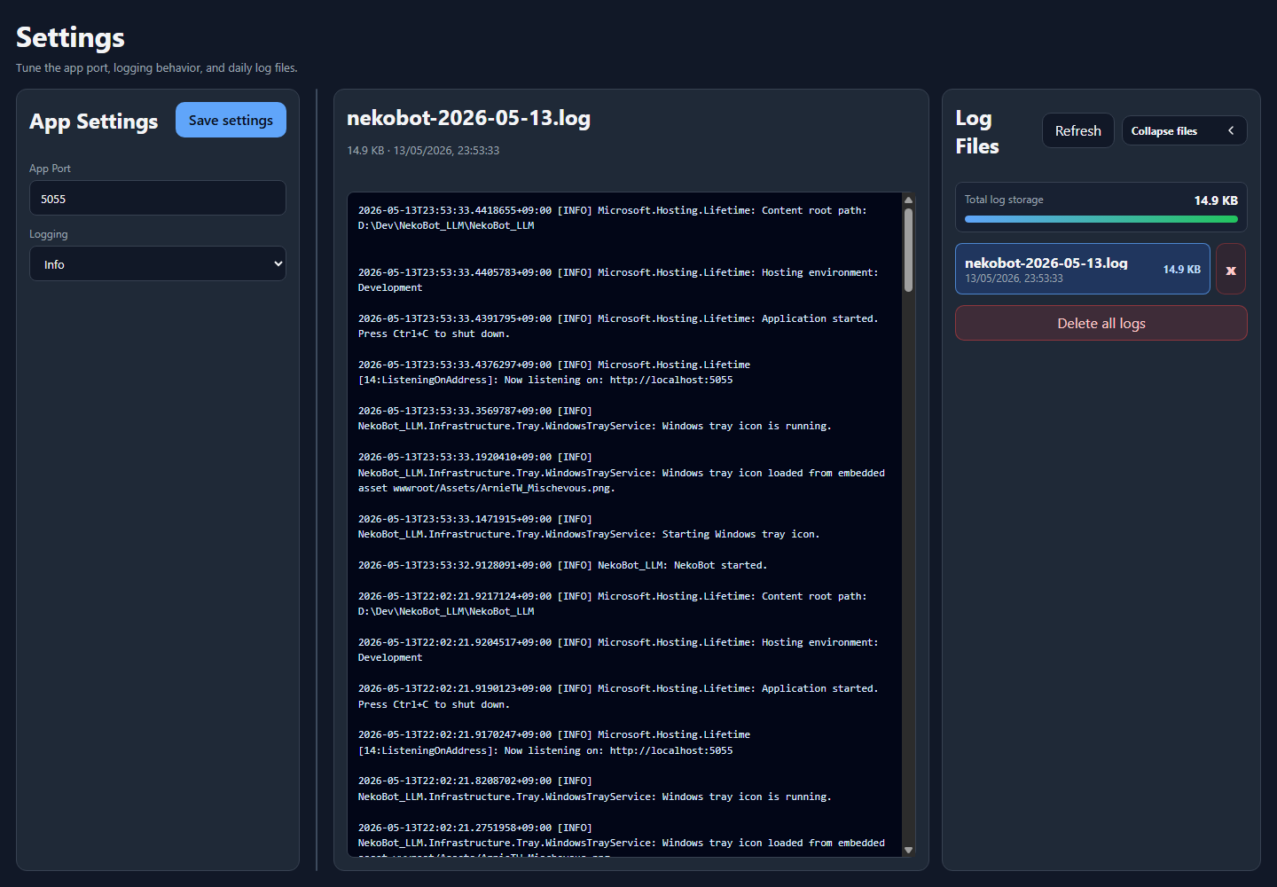 Settings and log viewer page