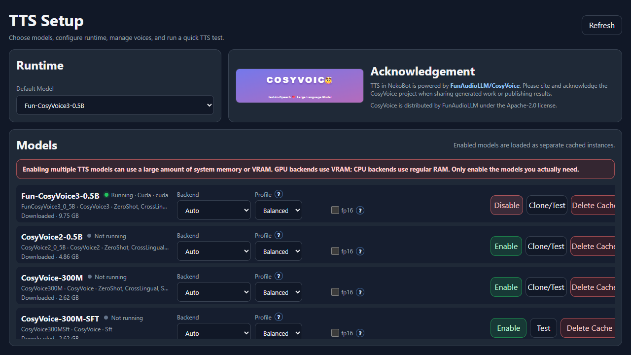 TTS setup page