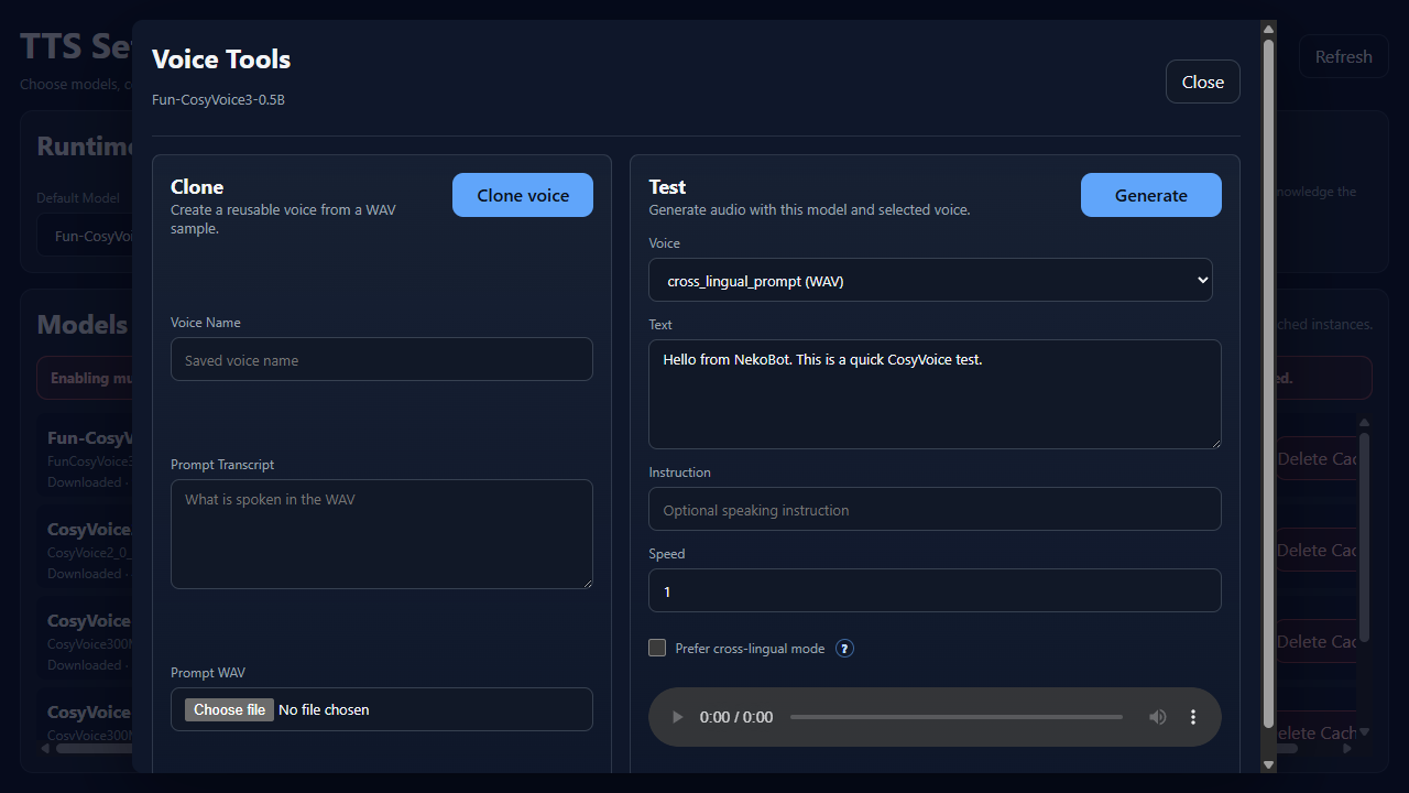 TTS voice tools dialog showing cloning and testing options